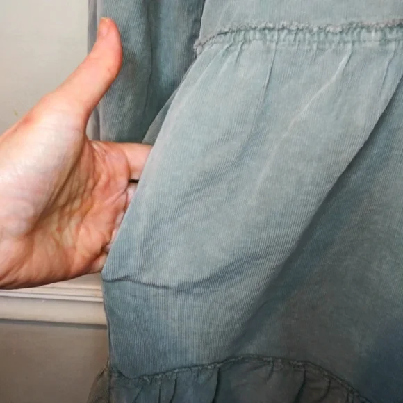 Sundance Dylan Boho Sage Green, Long Sleeved, Tiered Skirt Corduroy Mini Dress - Picture 7 of 14